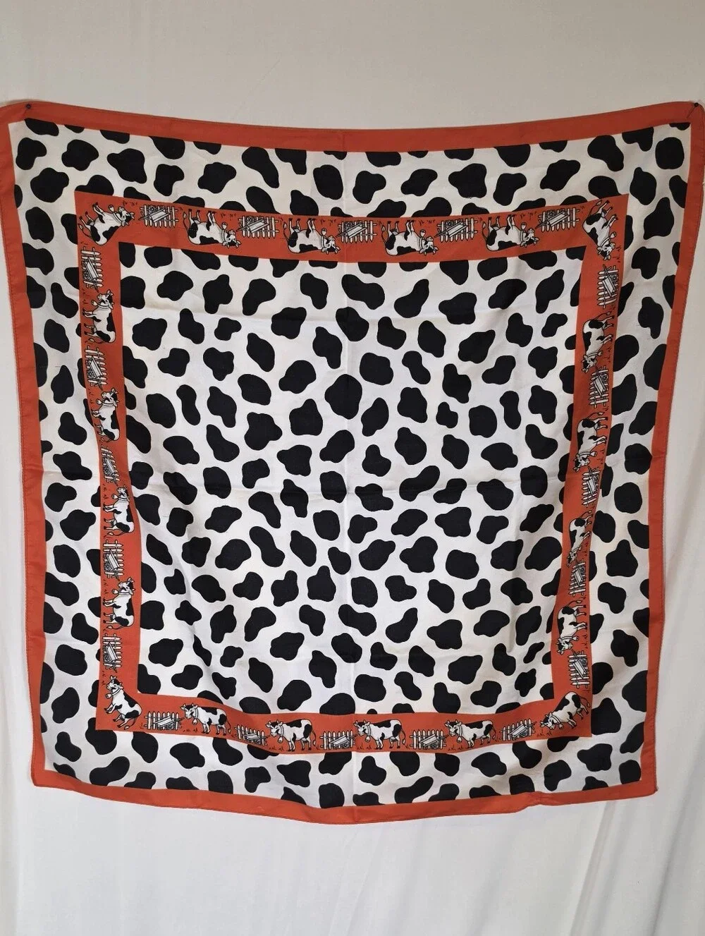 Vintage Made in Italy Cow Print Bandana Scarf Red Border 22x22 Western Wild Rag